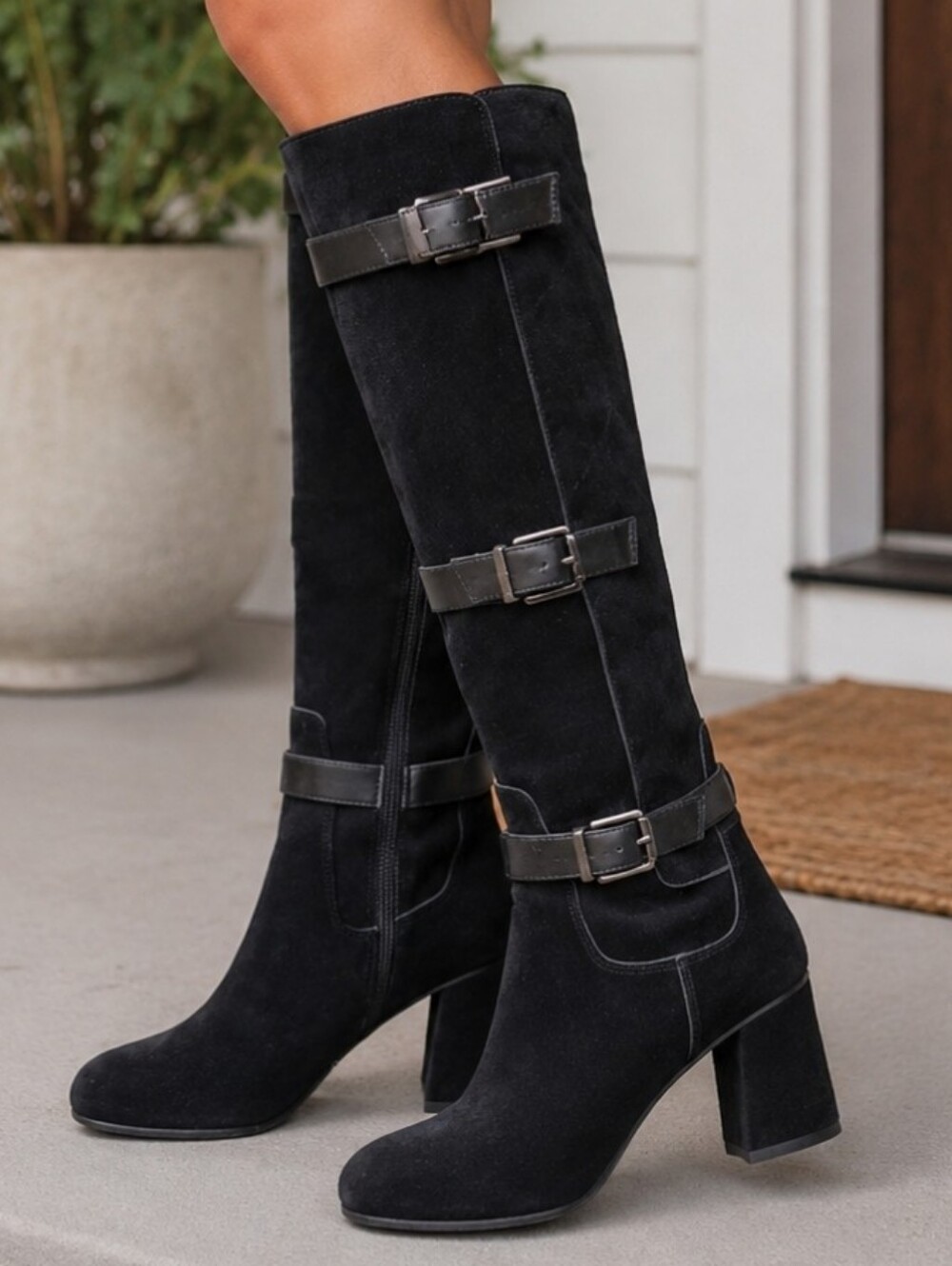 Frano Sarto Knoll Modern Moto Minimalist Suede Buckle Straps Block Heel Boots 8M